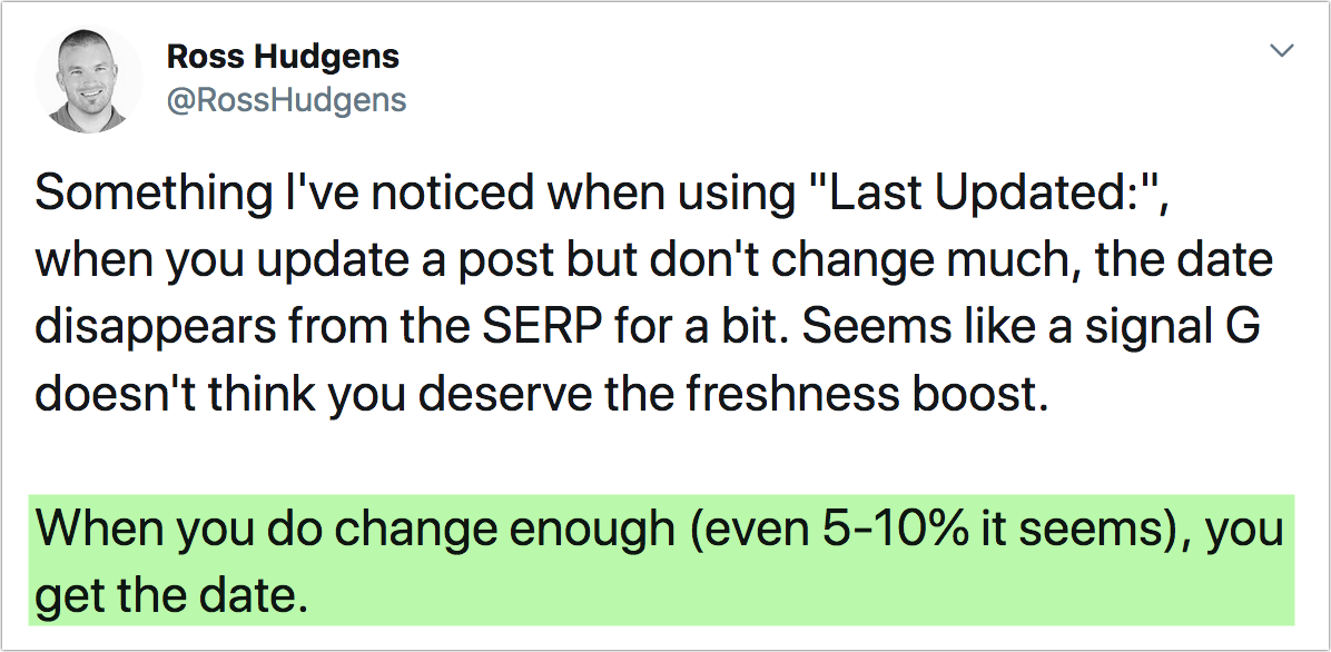twitter post from ross hudgens noting that you need to update at least 5 percent of content for a new publish date.