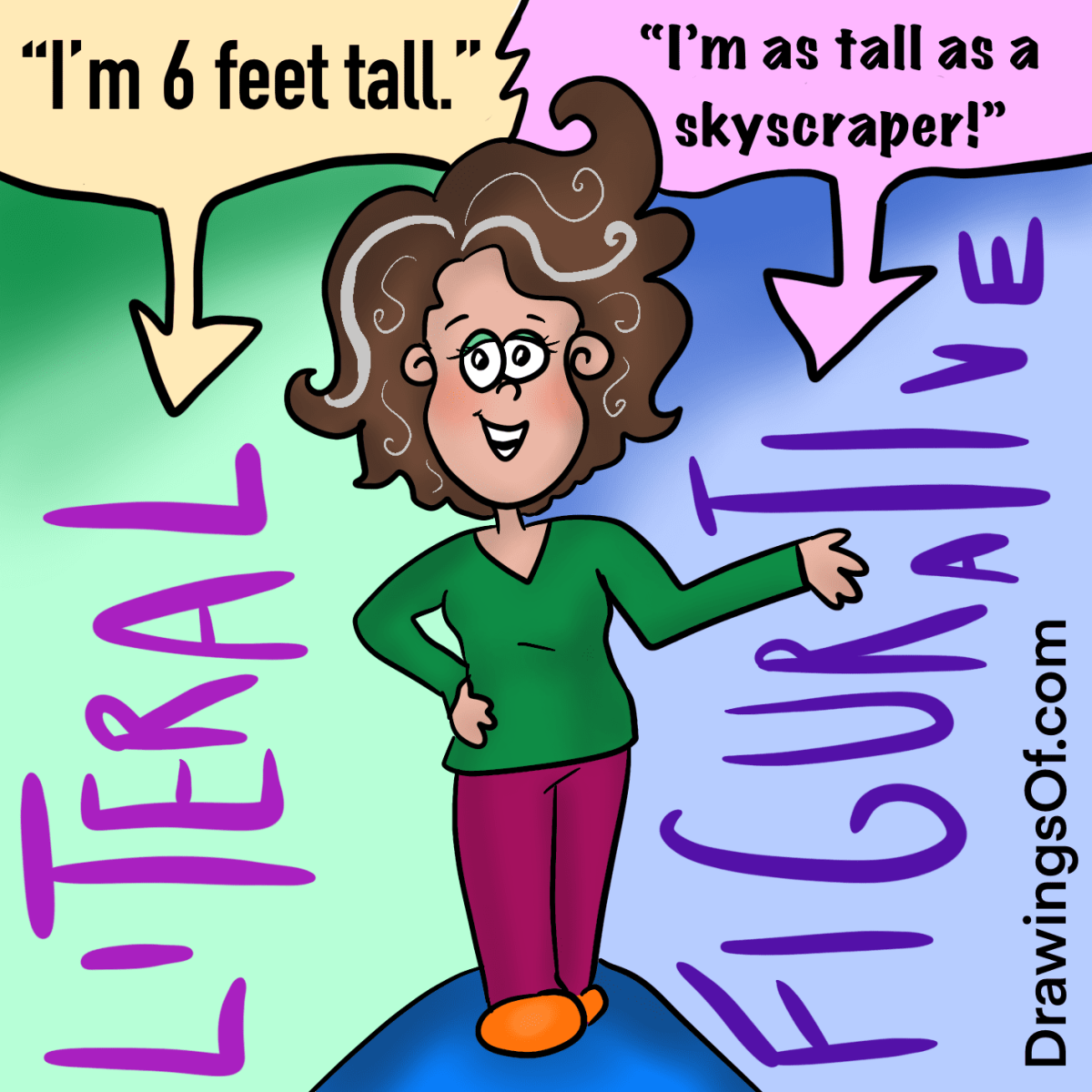 Image: A woman confidently discussing her height, both in a literal sense as she stands tall, and in a figurative sense as she expresses her self-assurance and pride in her personal growth and achievements.