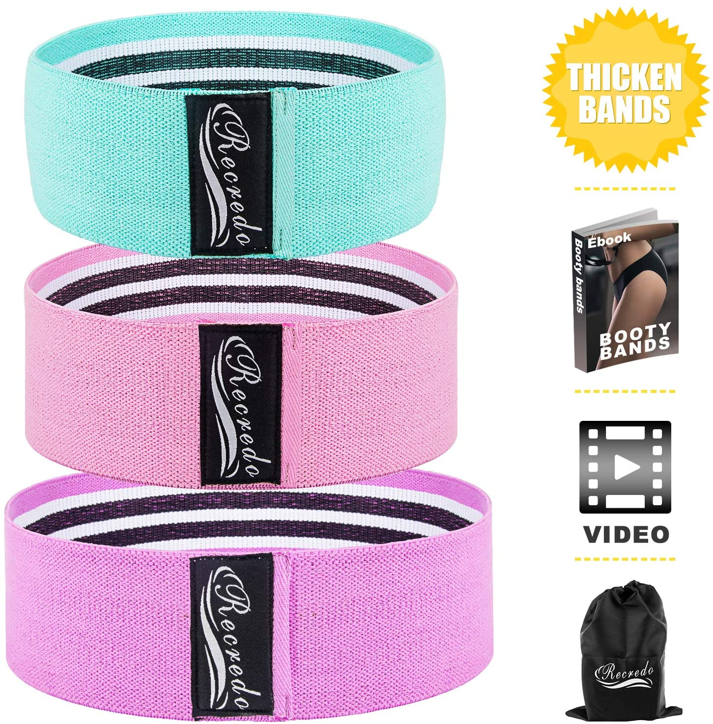 Recredo Booty Bands are thicker and more comfortable with 3 workout loop bands in three different sizes and resistances