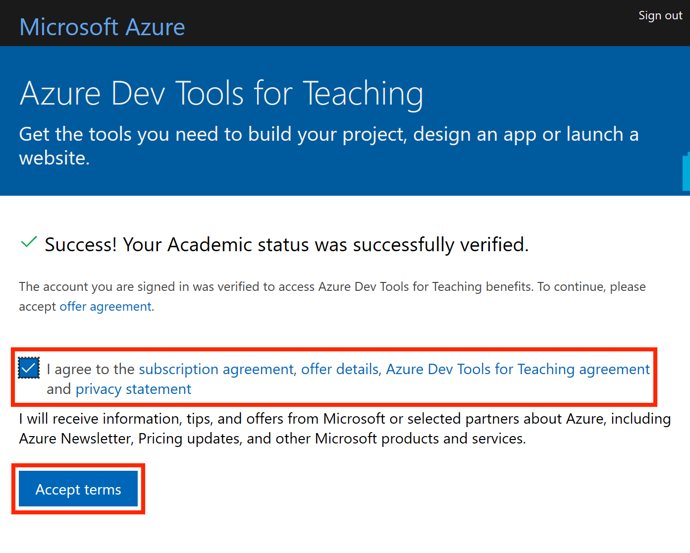 Azure Agreement Screen