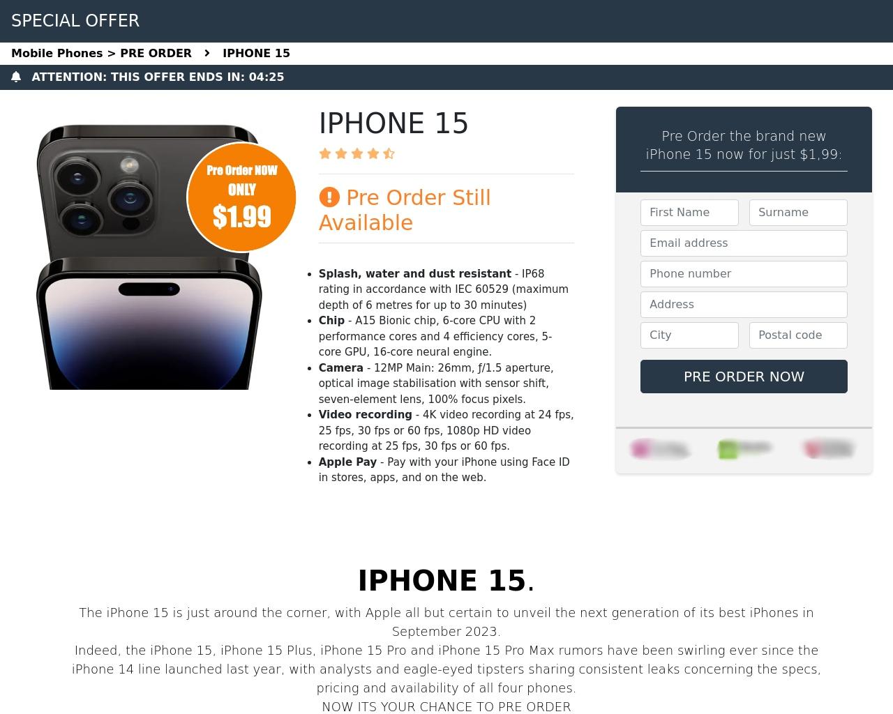 An example of a phishing page offering iPhone 15 pre-order