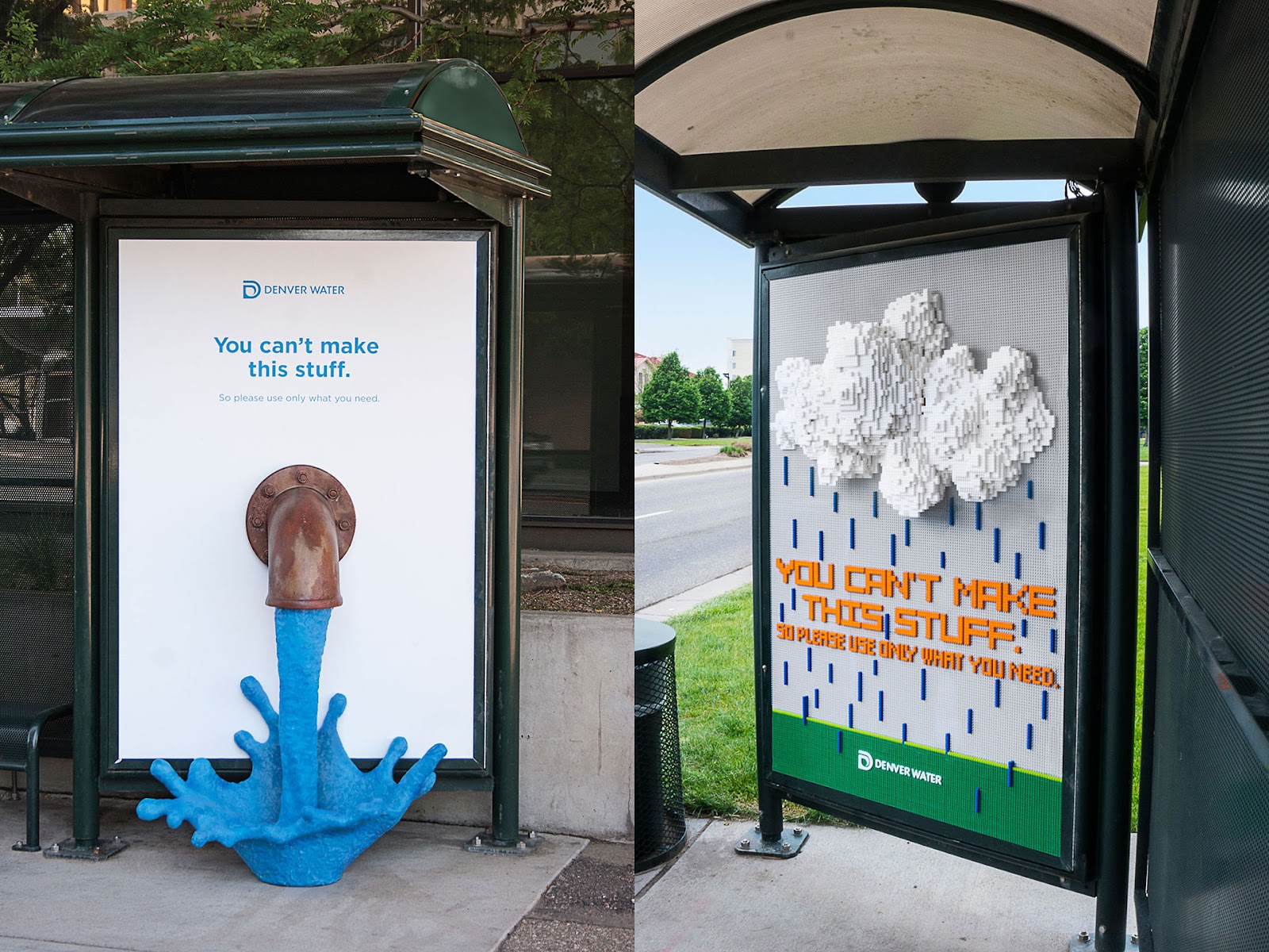 billboard on the left with the sculpture of a running faucet, billboard on the right with the sculpture of a cloud raining. Both with the text "You can't make this stuff. So please use only what you need."