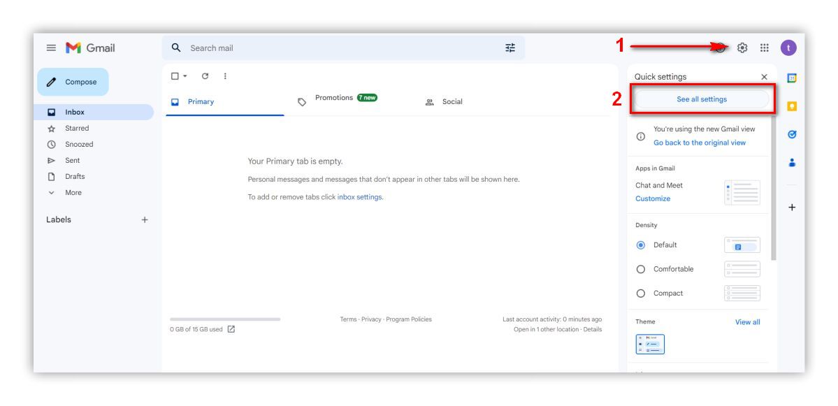 A screenshot of the Gmail interface showing the gear icon and the "See all settings" option highlighted.
