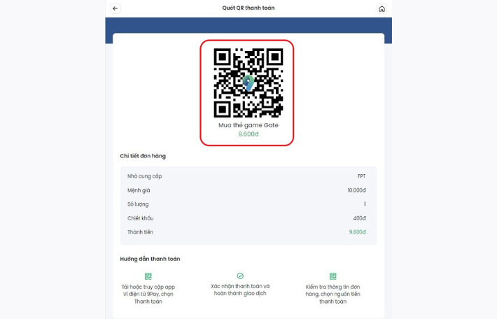 Quét mã QR và hoàn tất giao dịch mua thẻ trên 9pay