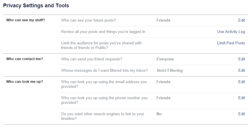 Screenshot of privacy settings and tools options