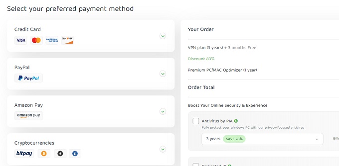 Private Internet Access payment methods