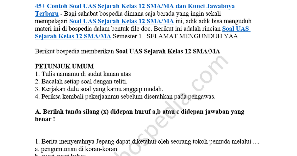45 Contoh Soal Uas Sejarah Kelas 12 Sma Ma Dan Kunci Jawabnya Docx Google Drive