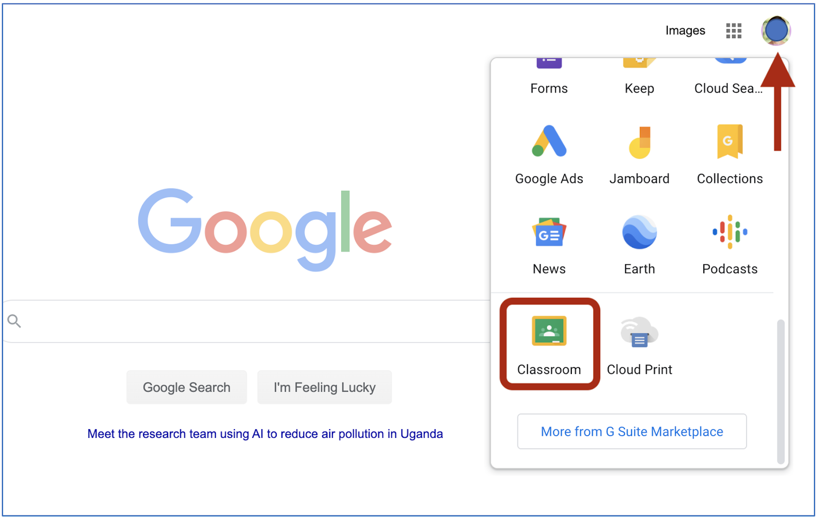 Google Account showing various Google apps with Google Classroom highlighted