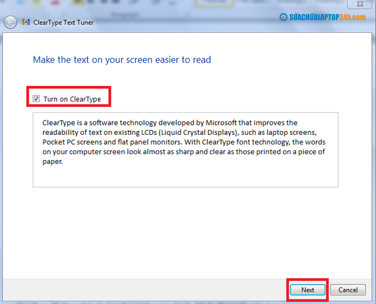 Tick chọn Turn on ClearType