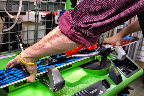 Ski repair shop in Utah. A proper ski repair shop has many unigue tools for the task at hand, fixing skis stock pictures, royalty-free photos & images
