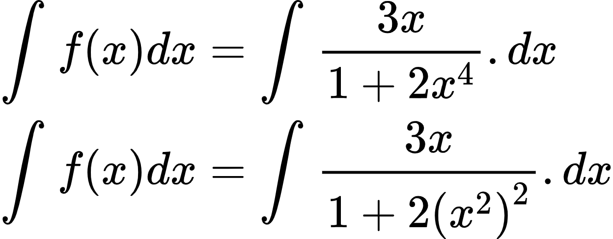{"type":"align*","code":"\\begin{align*}\n{\\int_{}^{}f\\left(x\\right)dx}&={\\int_{}^{}\\frac{3x}{1+2x^{4}}.dx}\\\\\n{\\int_{}^{}f\\left(x\\right)dx}&={\\int_{}^{}\\frac{3x}{1+2\\left(x^{2}\\right)^{2}}.dx}\t\n\\end{align*}","id":"2-0-0-0-0-0-1-1-1-0","font":{"size":10,"color":"#000000","family":"Arial"},"ts":1600687470248,"cs":"X5HUxMRH9jtnNO0uVL+izw==","size":{"width":208,"height":80}}