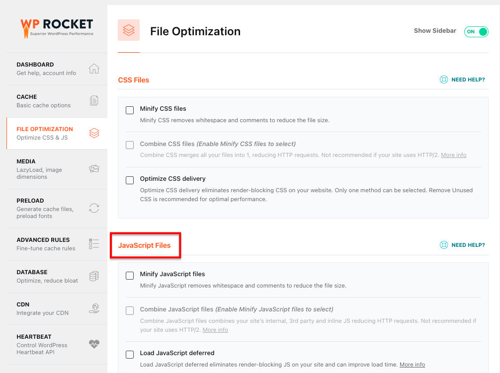 File Optimization tab in Wp Rocket WordPress plugin