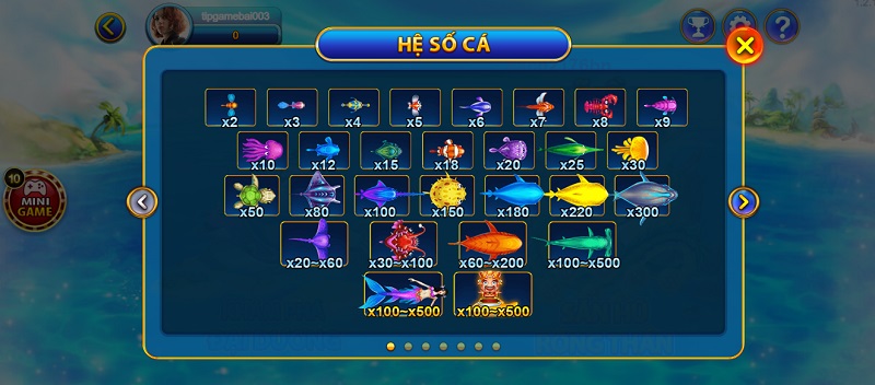 Các hệ số cá trong game bắn cá VIC WIN