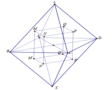 <p> (Chuyên Lam Sơn 2022) Cho khối bát diện đều có cạnh (a). Gọi (M,N,P,Q) lần lượt là trọng tâm của các tam giác (SAB,SBC,SCD,SDA;) gọi (Mprime ,Nprime ,Pprime ,Qprime ) lần lượt là trọng tâm của các tam giác (Sprime AB,Sprime BC,Sprime CD,Sprime DA) (như hình vẽ dưới).</p> <!-- wp:image -->
<figure class="wp-block-image"><img src="https://lh6.googleusercontent.com/EQyLxnKlfzrW114cg6VnXfZpqw28pCwxOBwrmhfZ6UB196rRdM-hP3BYMGX_uvEBsj3qNgRV8omks1q-4406p8WLCMzpHwyer1LNuFKV8dyKSxCApGZiCt8397m7KjRdai3CbNpyx8DRe3zKHQ" alt=""/></figure>
<!-- /wp:image --> <p>Thể tích của khối lăng trụ (MNPQ cdot Mprime Nprime Pprime Qprime ) là</p> 1