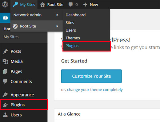 Menus de plug-ins de site e rede