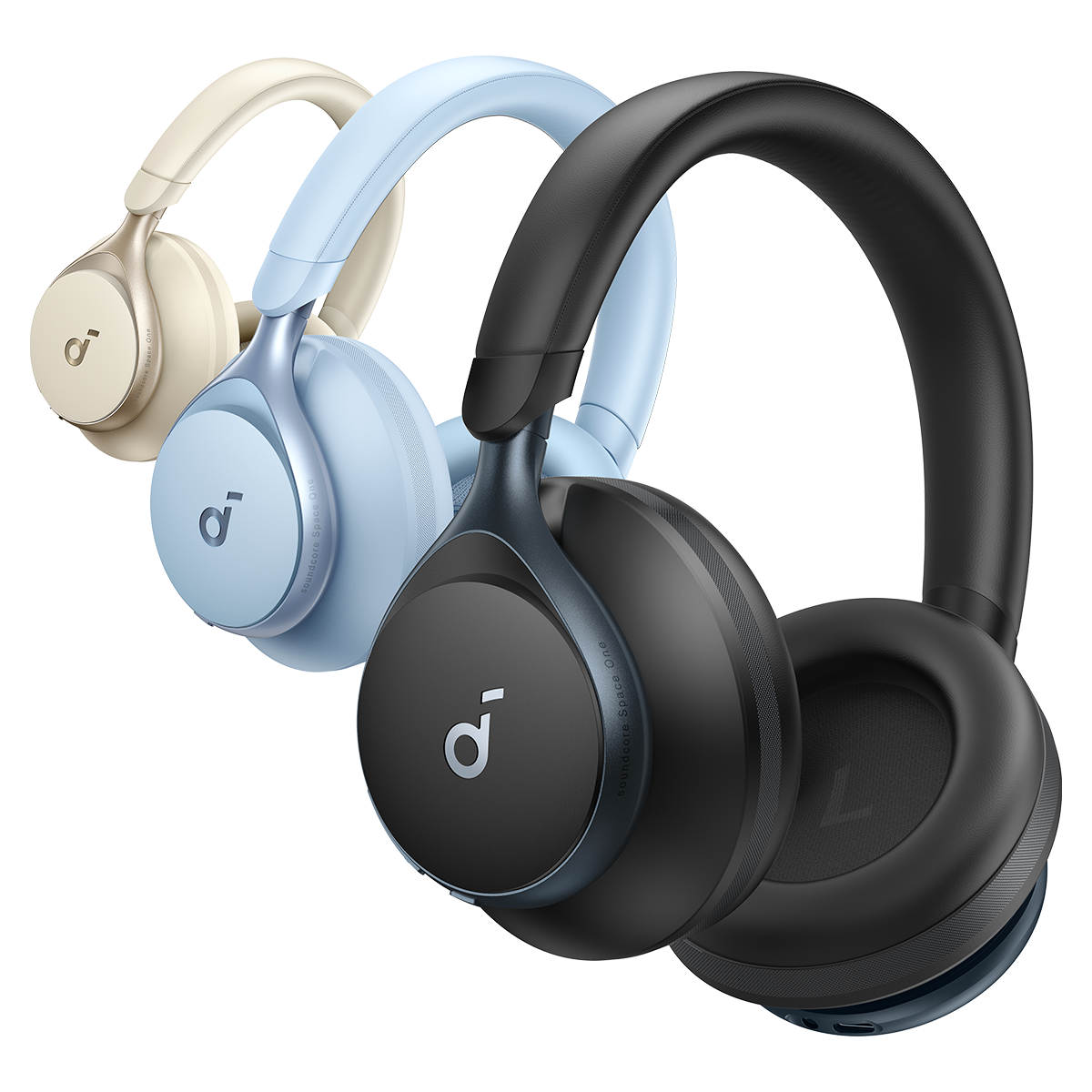 Soundcore Space One headphones in three different colors: Jet Black, Latte Cream, and Sky Blue