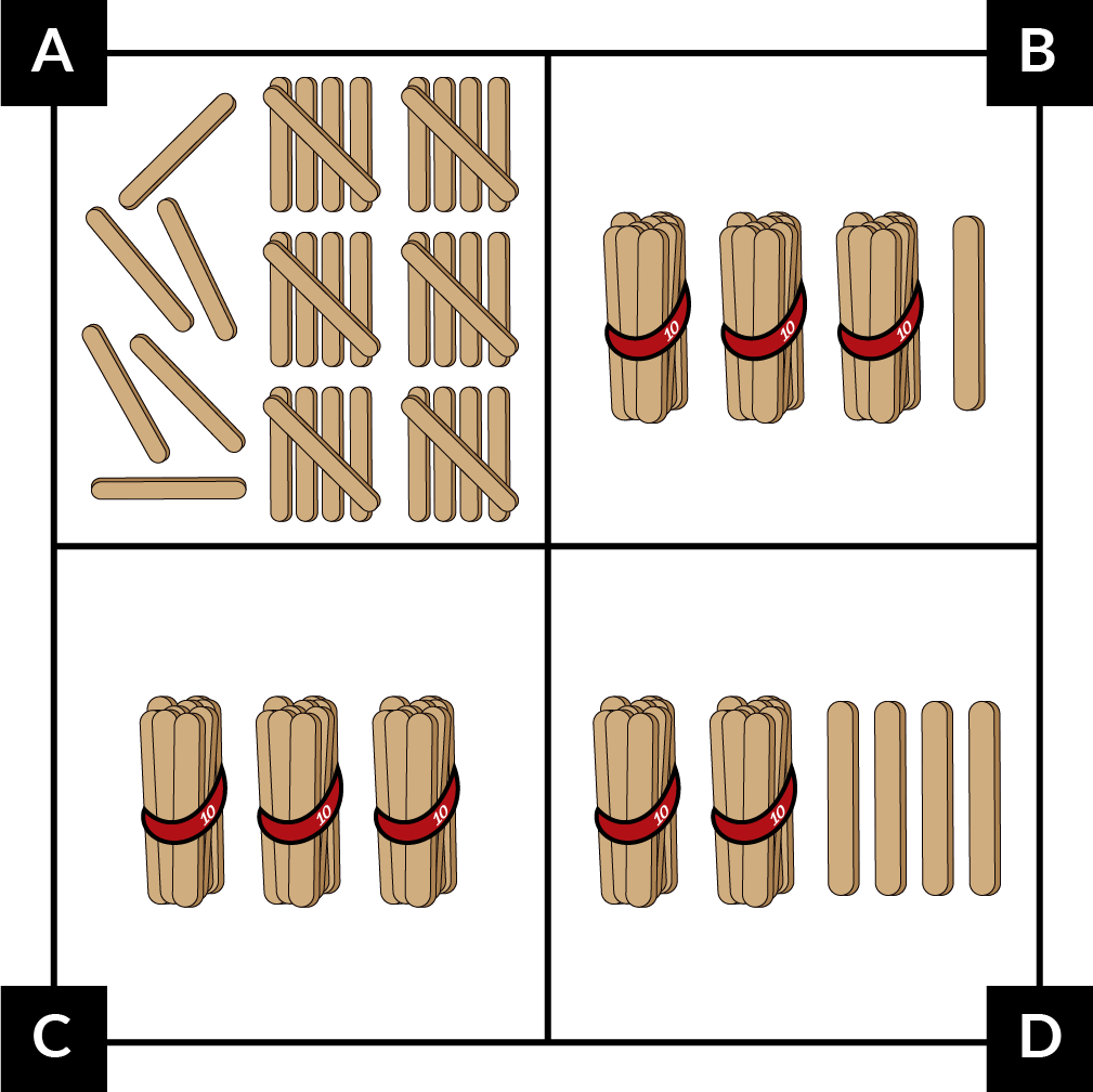 A: 6 groups of 5 craft sticks each and 6 single craft sticks. B: 3 bundles of 10 craft sticks each and 1 single craft stick. C: 3 bundles of 10 craft sticks each. D: 2 bundles of 10 craft sticks each and 4 single craft sticks.