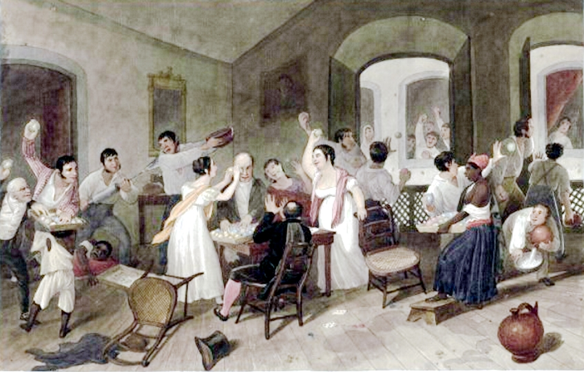 Imagem de um Entrudo Familiar, festejo que inspirou o Carnaval no Brasil, pintura de Augustus Earle.