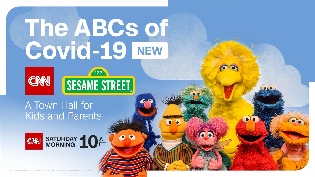 A promotional image from Sesame Street's CNN special, The ABCs of Covid-19: A Town Hall for Kids and Parents. This special helped answer kids questions about the pandemic.