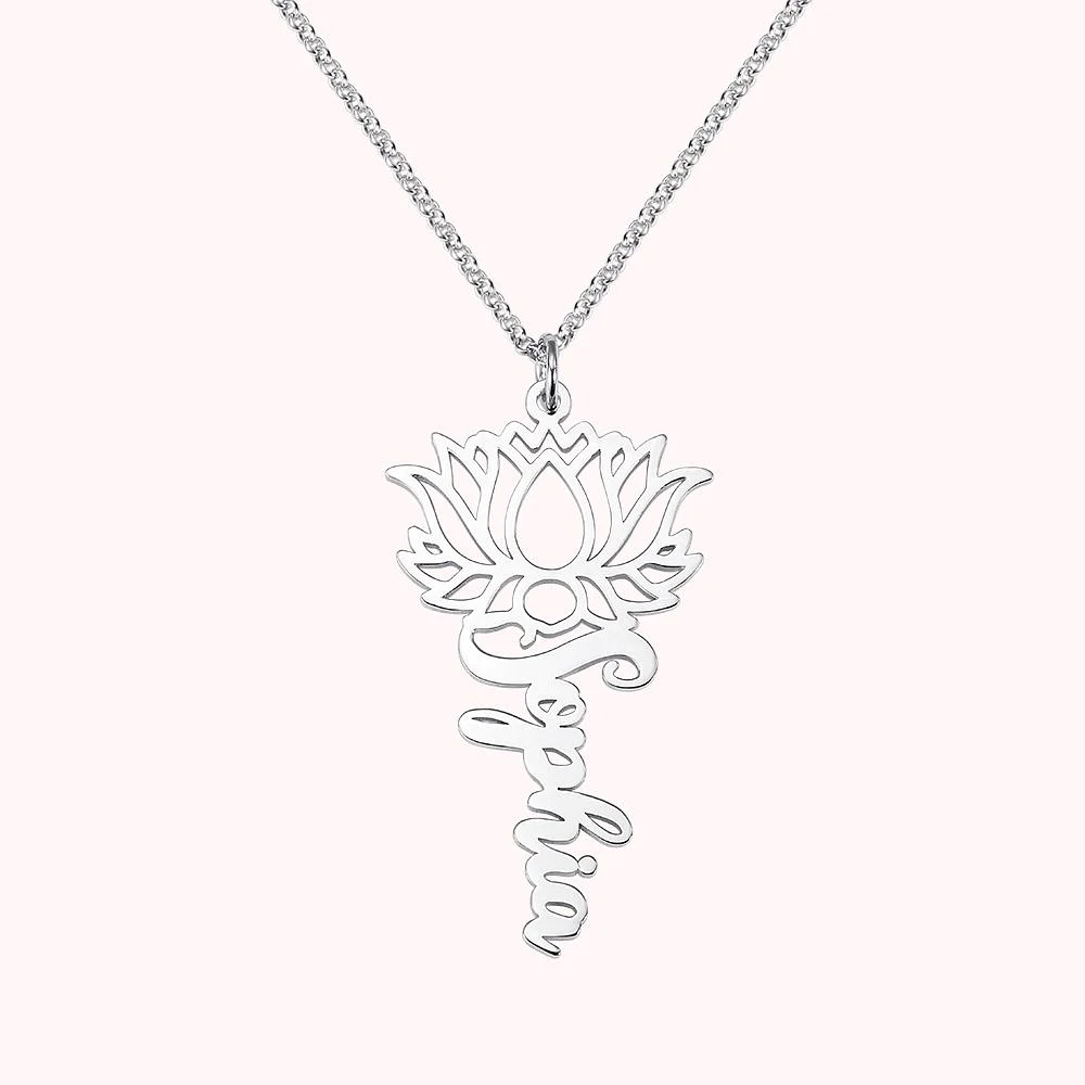 collier de croyance Yoga, fleur de lotus, avec tige personnalisée par le prénom, couleur argent.