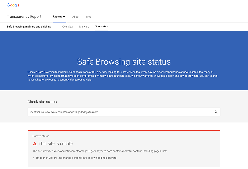 Encontrando o status do site de navegação segura do Google