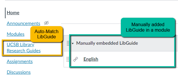 On the left hand side, the auto-match libguide is shown on the navigation bar. On the right hand side, the manually added libguide is displayed in the module.