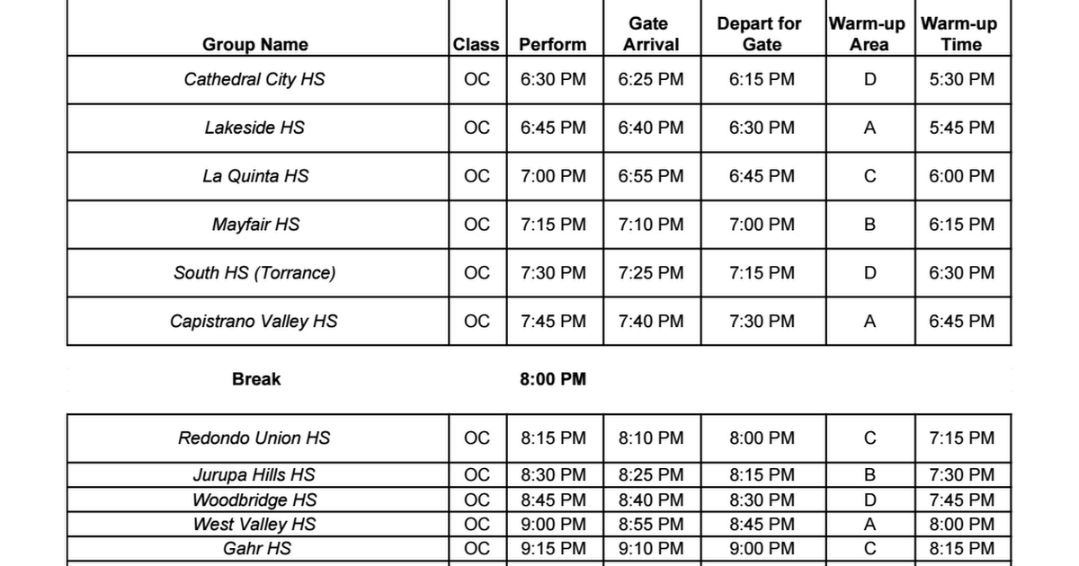 Open Class Finals Schedule.xlsx Google Sheets