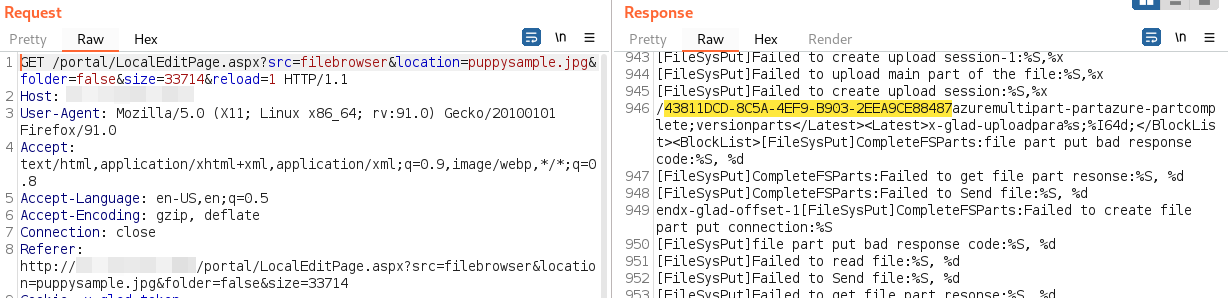 The network traffic for this request leaks the full GUID in the LocalEditPage.aspx application response, shown in the code by White Oak Security