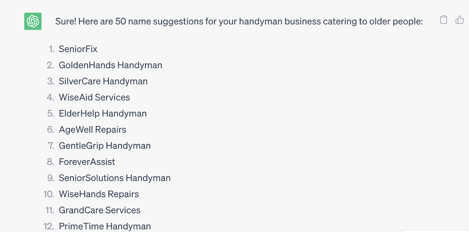 Results from ChatGPT prompt to create 50 business names for a handyman business for older customers.