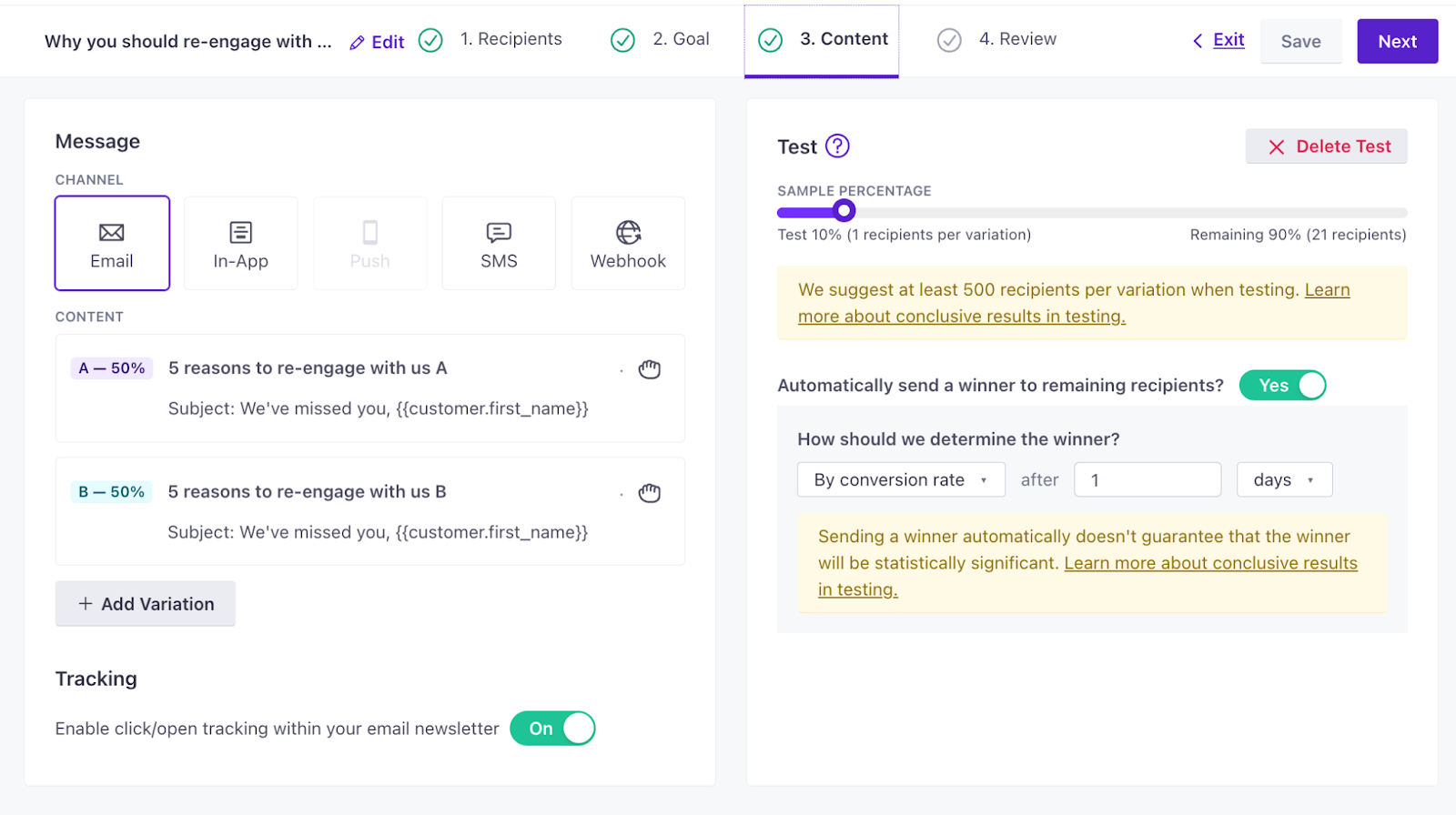 Re-engagement emails: setting up an A/B test in Customer.io