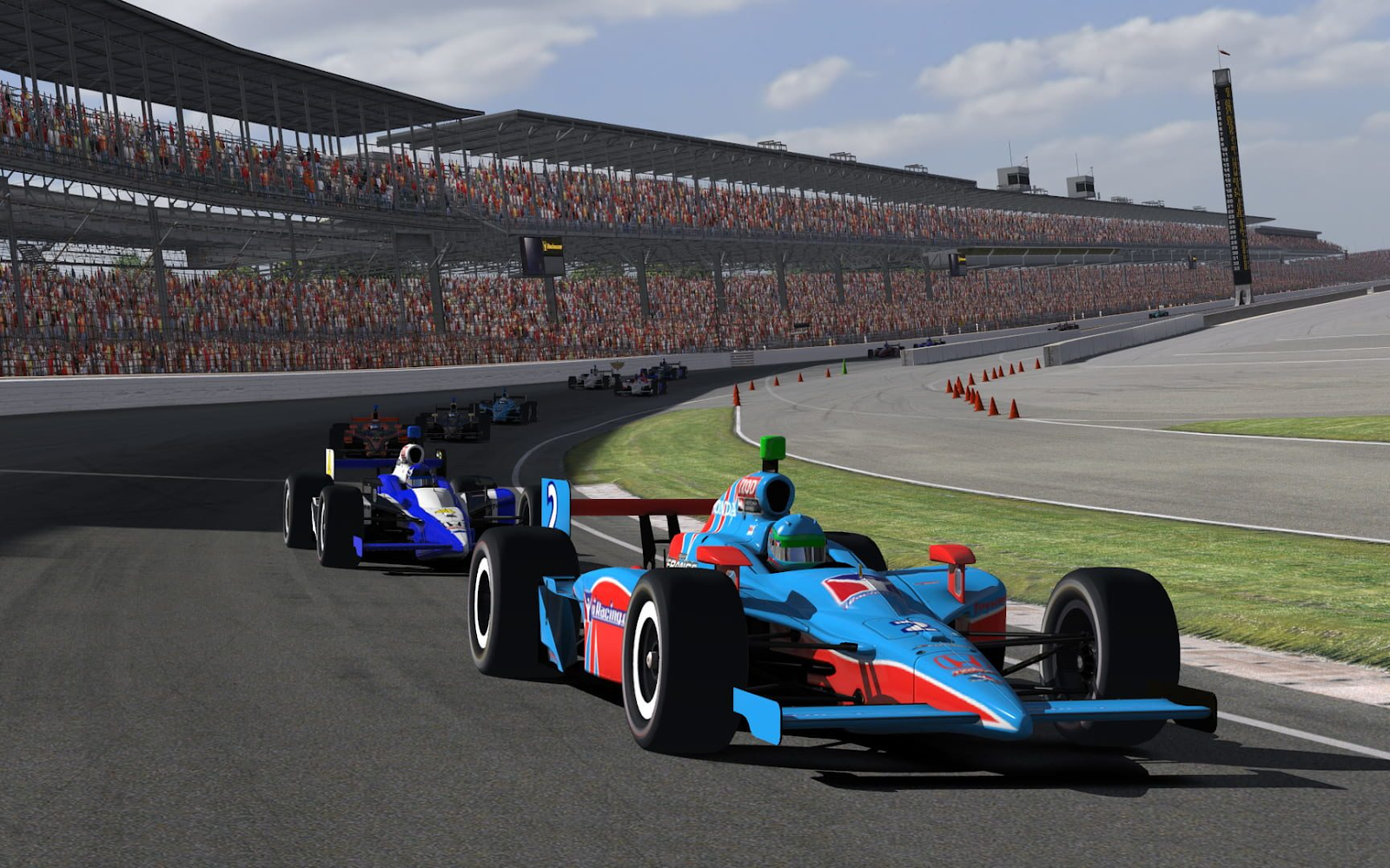 screenshot from the game iRacing showing multiple formula three cars driving together on a racing track