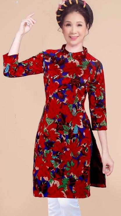 Áo dài cách tân cổ đứng vải gấm thun cao cấp màu xanh hoa đỏ - TH203