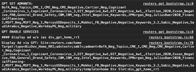 Screenshot of Chrome Developer Tools console logs on reuters.com