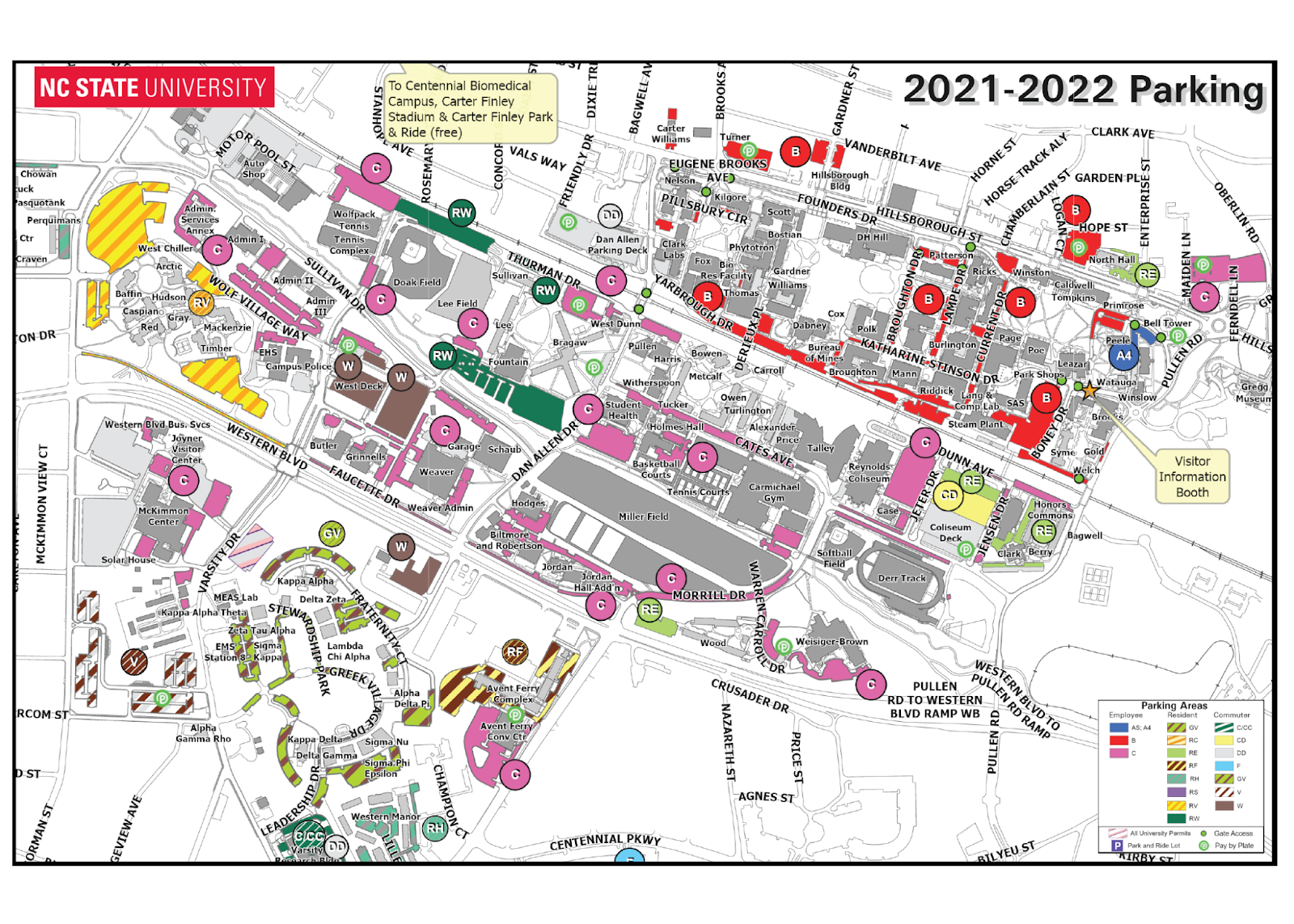 NC State 2021-2022 parking map showing all parking lots on main and centennial campus