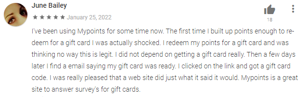 5-star MyPoints Review says they are really pleased that a web site did just what it said it would. MyPoints is a great site to answer surveys for gift cards. 