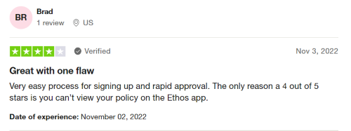 A four-star Ethos life insurance review from someone who wishes their policy was viewable on the Ethos mobile app. 