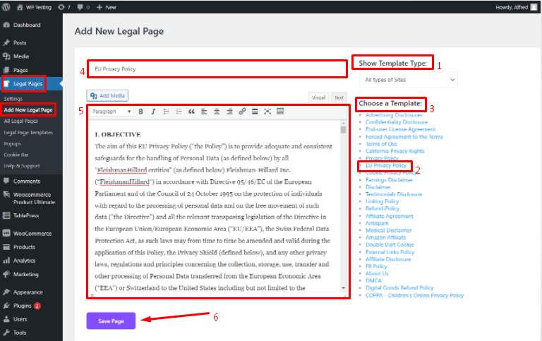Select the 'Add New Legal Page' option to add EU privacy policy.