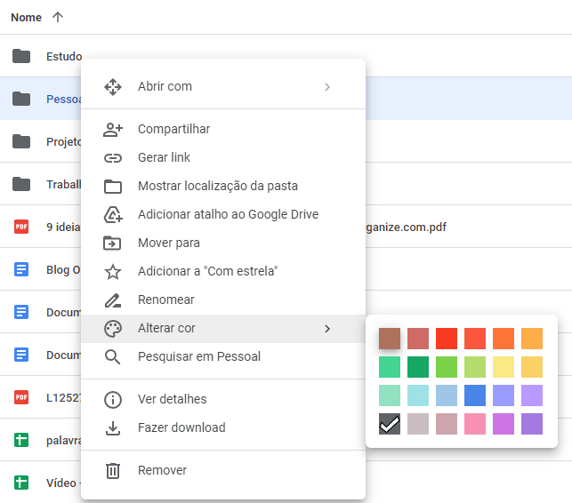 Print mostrando as opções do botão direito e destacando o "alterar cor". Segunda dica para Google Drive.  