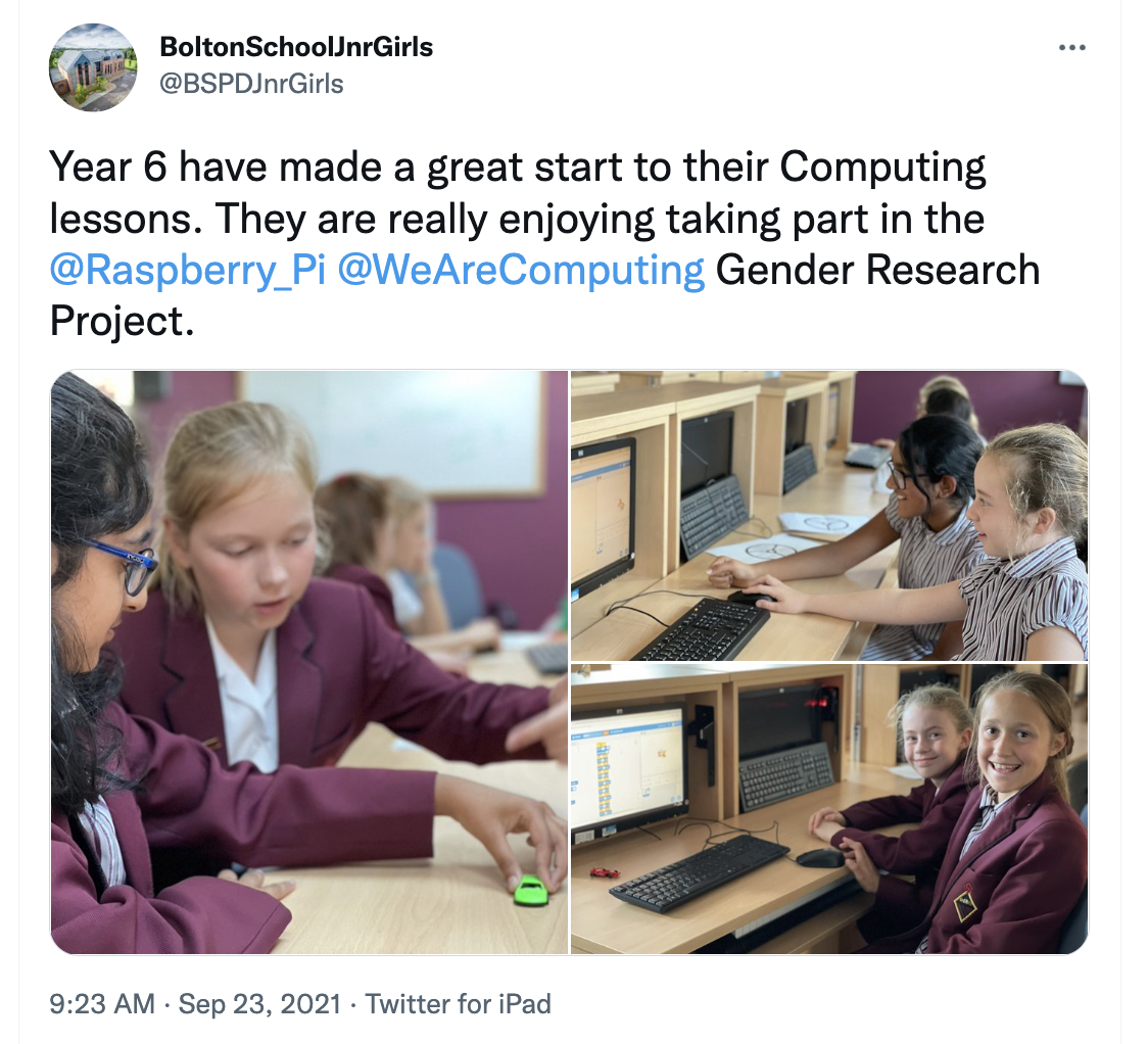 A tweet from a school about taking part in the pair programming intervention of the Gender Balance in Computing research programme.