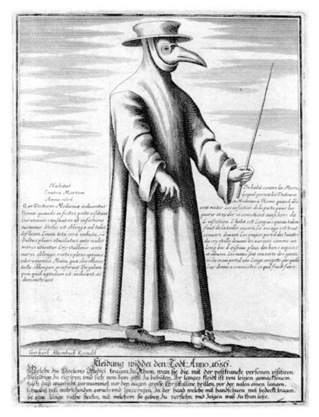 Doctor during a later outbreak of the plague wearing a bird-shaped "plague mask."