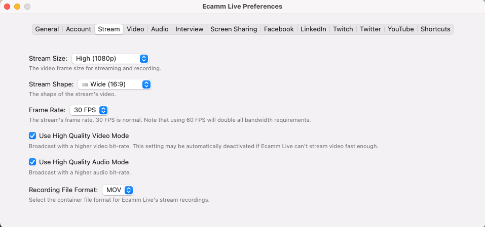 Ecamm Live Preferences: choosing your frame rate