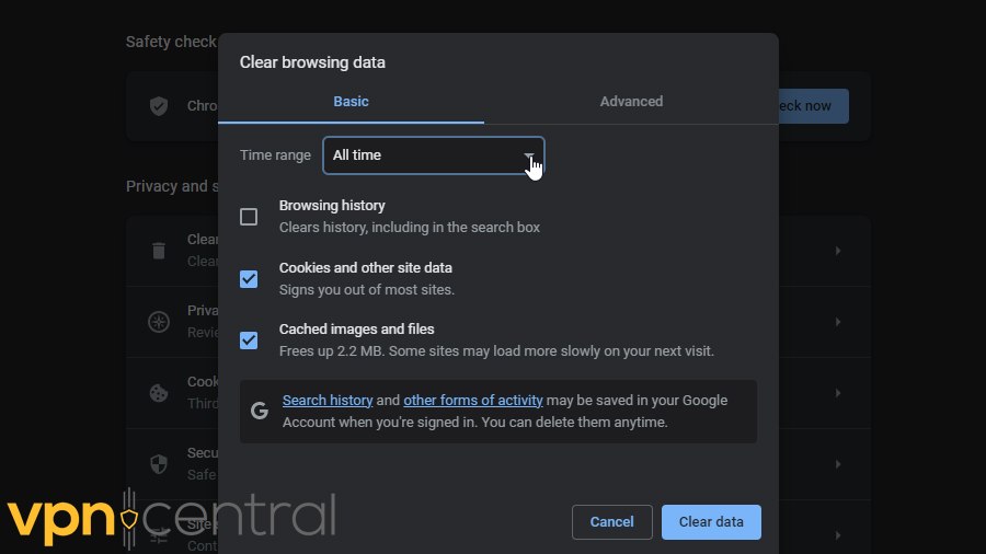 Clear browsing data in Chrome