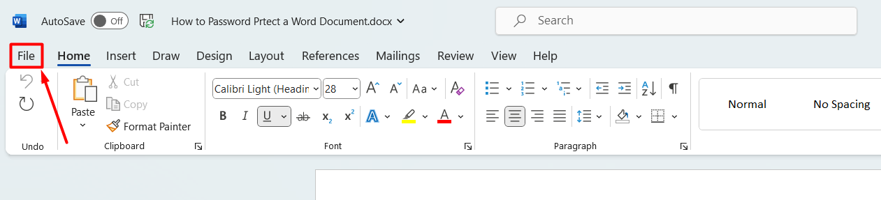 how to password protect a Word document- click on the file menu