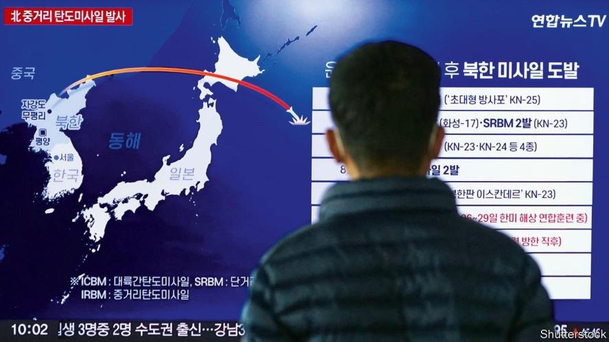 Mandatory Credit: Photo by Seokyong Lee/Penta Press/Shutterstock (13437900b)A traveler watches the breaking news of the North Korean missile issue at Seoul Station in Seoul, Sout Korea, on October 4th, 2022. North Korea launched the IRBM missile across the Japanese Island.North Korea IRBM, Seoul, South Korea - 04 Oct 2022