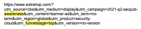 Example Extrahop ad clickthrough URL, with UTM query string parameters for audience targeting showing the ad is intended for prospect in the top conversion funnel stage