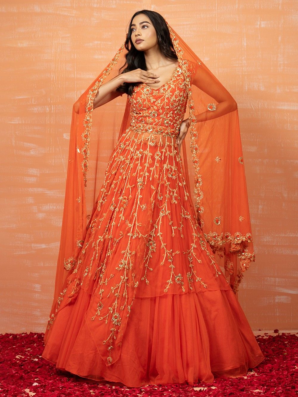the loom - Orange Zardozi Embroidered Net Lehenga