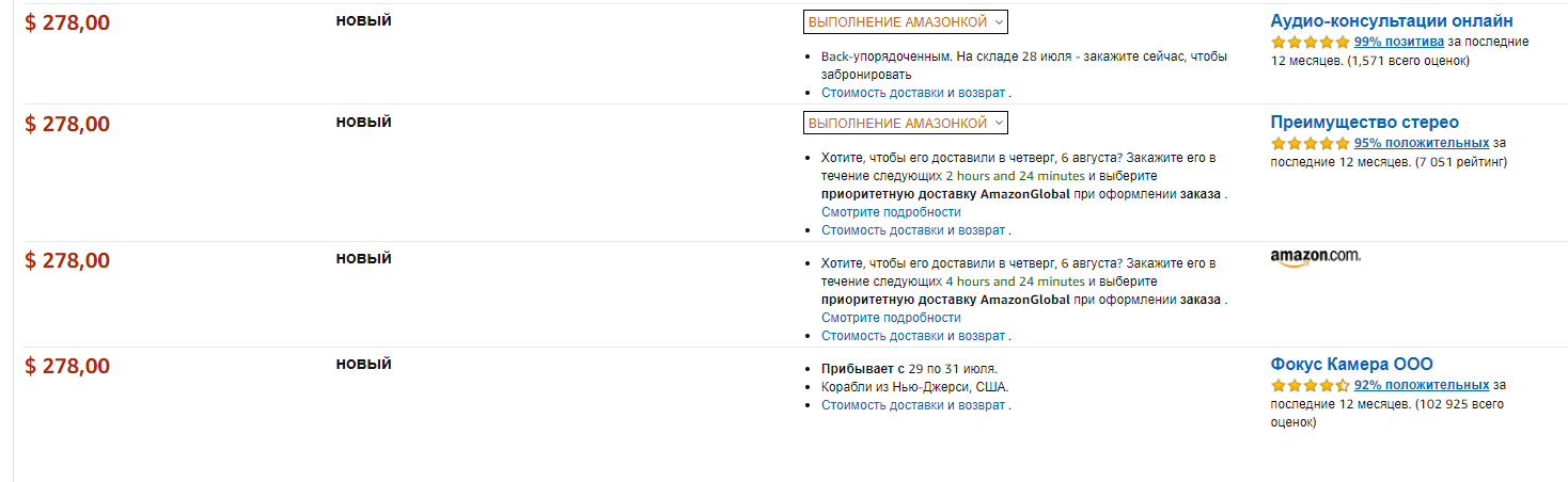 Одинаковые цены у продавцов на Amazon 