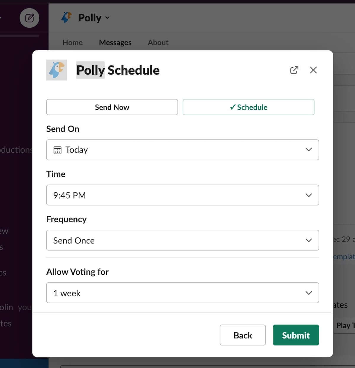 Slack poll: Polly Schedule screenshot in Slack