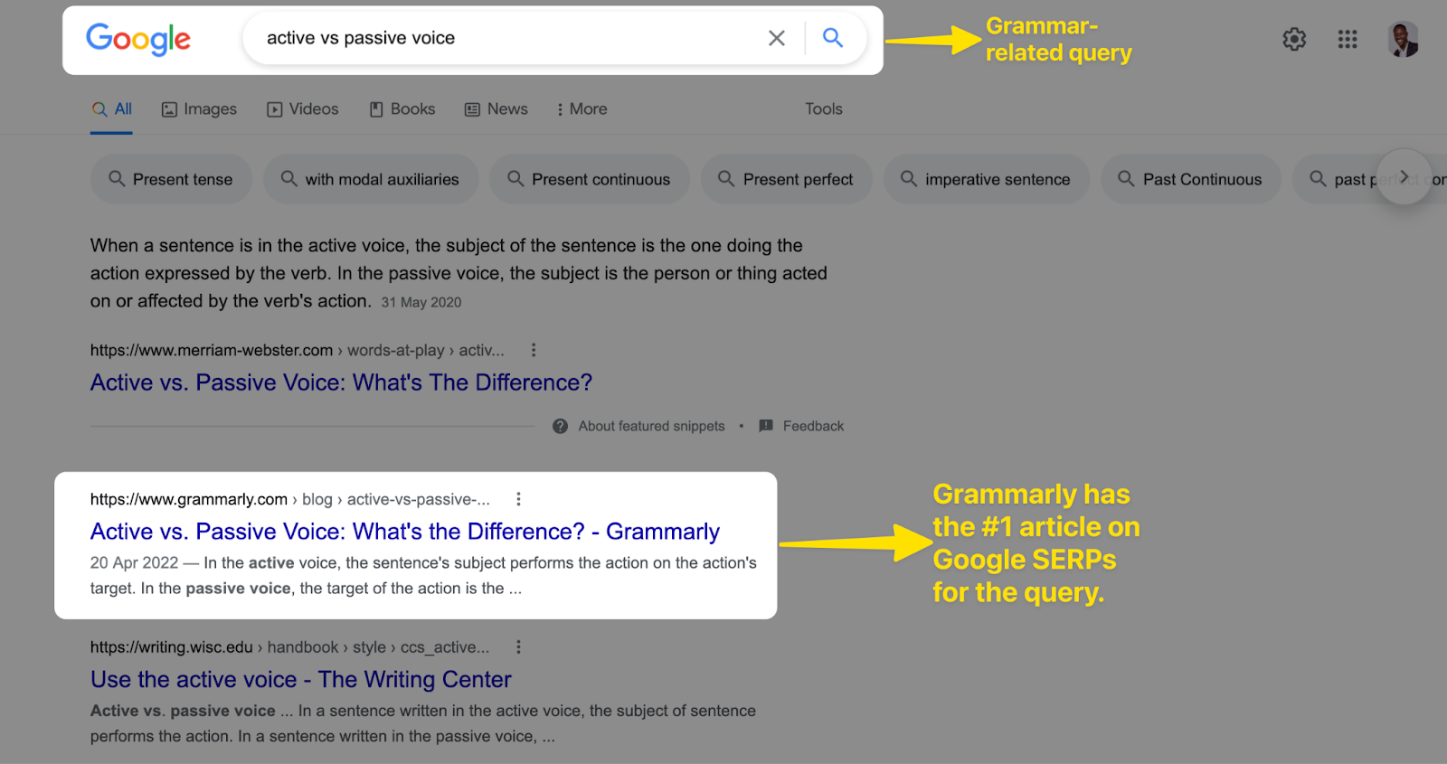 Google search results for active vs passive voice