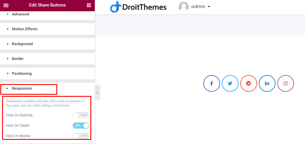 Share Buttons responsive settings tab 